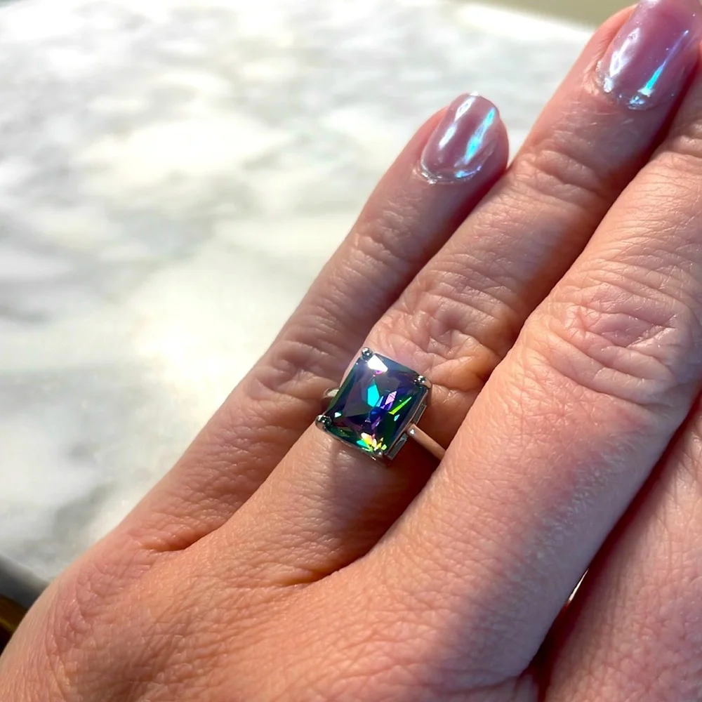Large Mystic topaz solitaire ring 925 sterling silver size 6